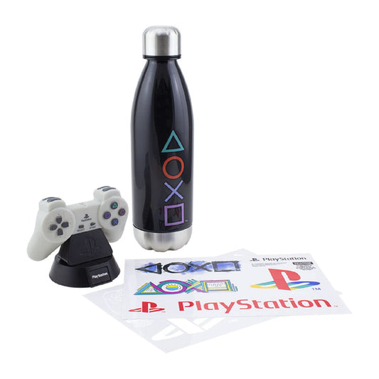 Paladone PlayStation gift set featuring Icons Light, gaming stickers, and a collectible bottle, official PlayStation merchandise.