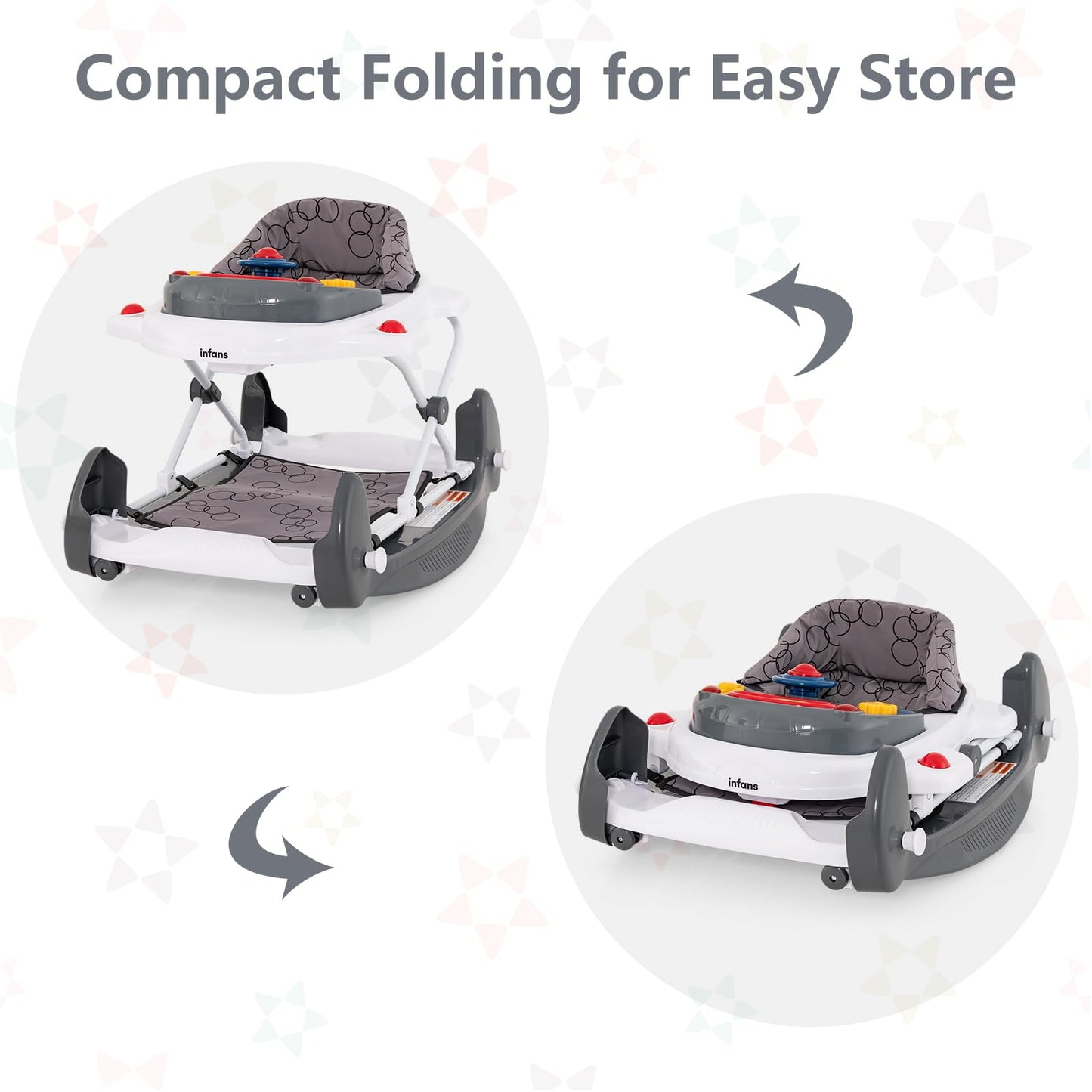 INFANS 5-in-1 baby walker in grey with adjustable height, removable music tray, washable seat, and foldable activity center for toddlers