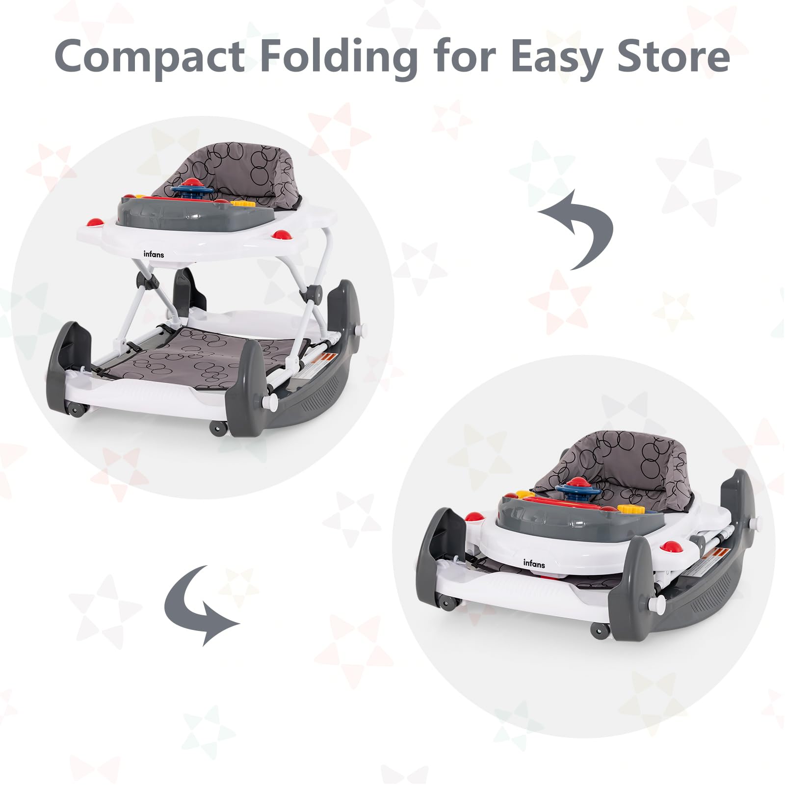 INFANS 5-in-1 baby walker in grey with adjustable height, removable music tray, washable seat, and foldable activity center for toddlers
