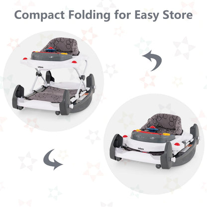 INFANS 5-in-1 baby walker in grey with adjustable height, removable music tray, washable seat, and foldable activity center for toddlers