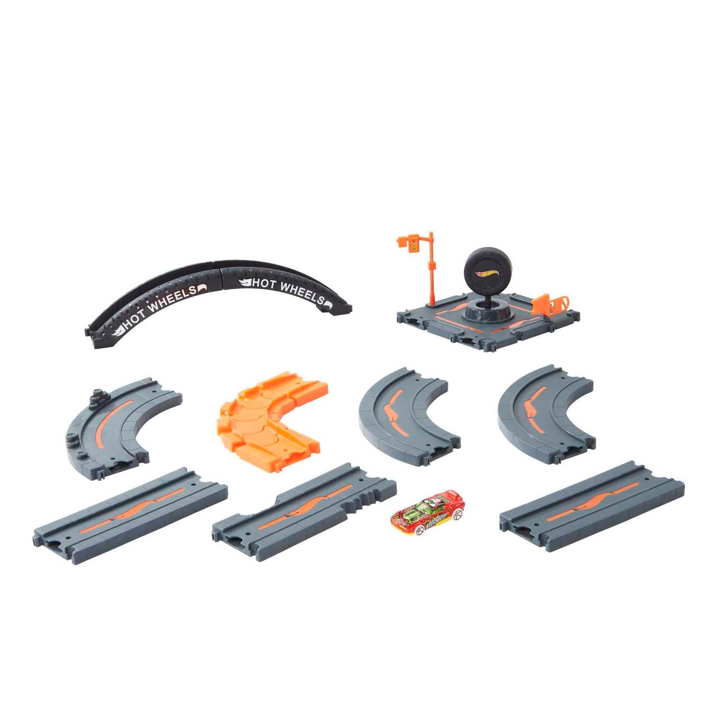 Hot Wheels City Track Pack with 10 pieces, including track base and car, designed for building cityscapes for kids.