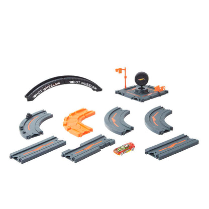 Hot Wheels City Track Pack with 10 pieces, including track base and car, designed for building cityscapes for kids.
