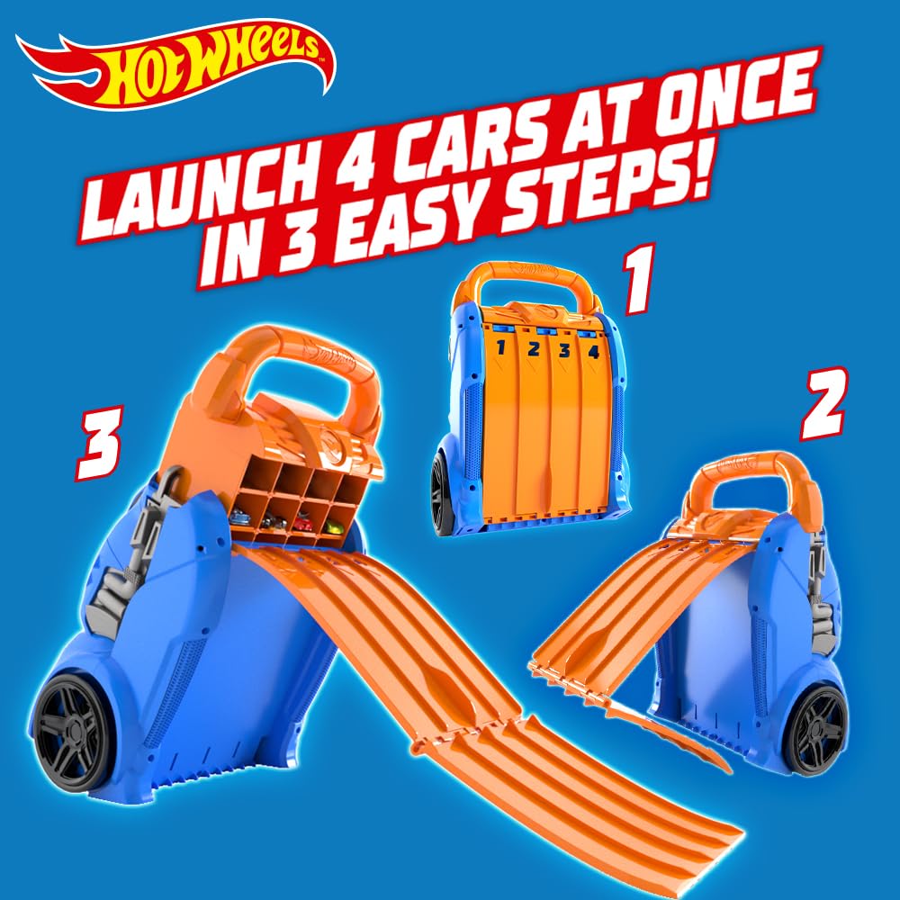 Hot Wheels car case launcher with storage for 20 cars, featuring a 2-in-1 design for kids aged 3 and up.