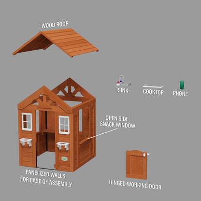 Backyard Discovery Timberlake cedar wood playhouse with toy kitchen, phone, and flowerpot holders for kids aged 2-7 in brown