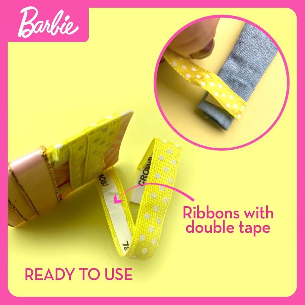 Barbie DIY Fashion Designer Set with T-shirt, leggings, stickers, ribbons, and stamp for creative kids' fashion play.