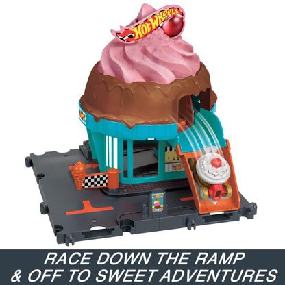 Hot Wheels Let's Race City Track Set with car, connecting tracks, and ice cream shop playset, showcasing vibrant colors.