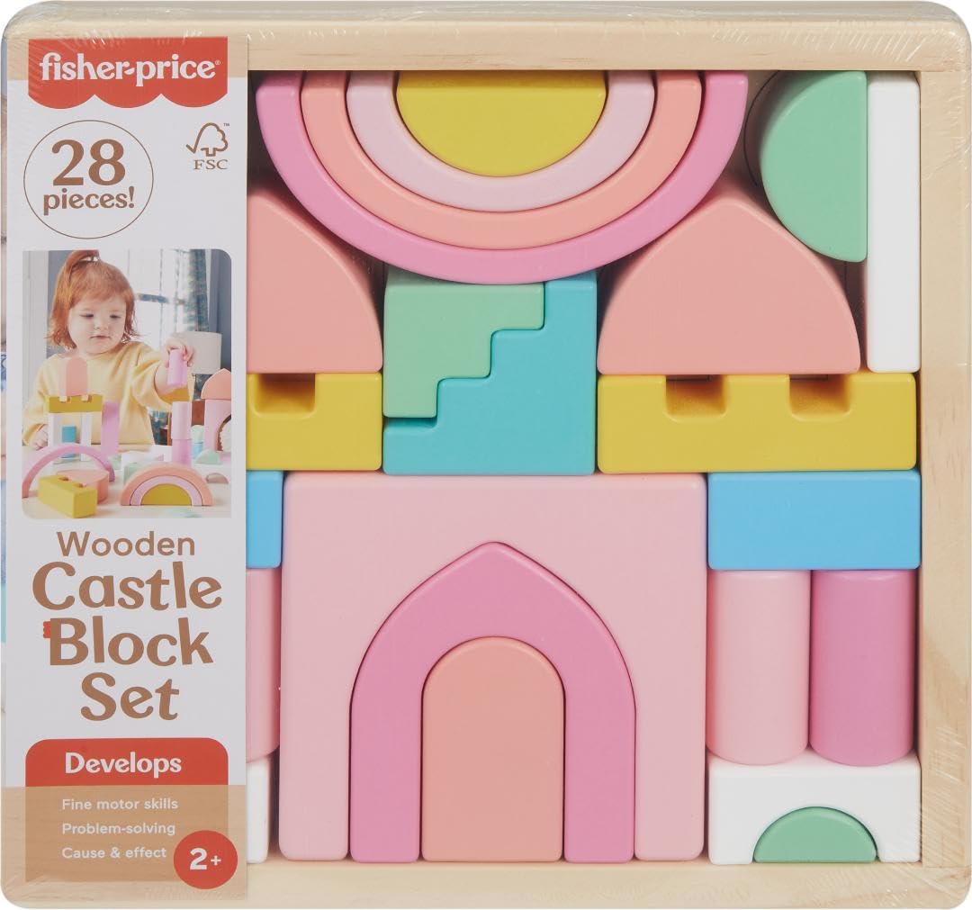 Fisher-Price wooden toddler toy castle block set with 28 stacking pieces for preschool kids aged 2+ for developmental play