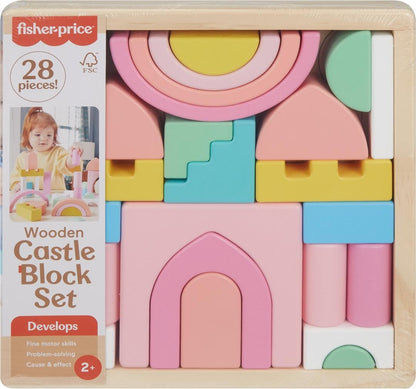 Fisher-Price wooden toddler toy castle block set with 28 stacking pieces for preschool kids aged 2+ for developmental play