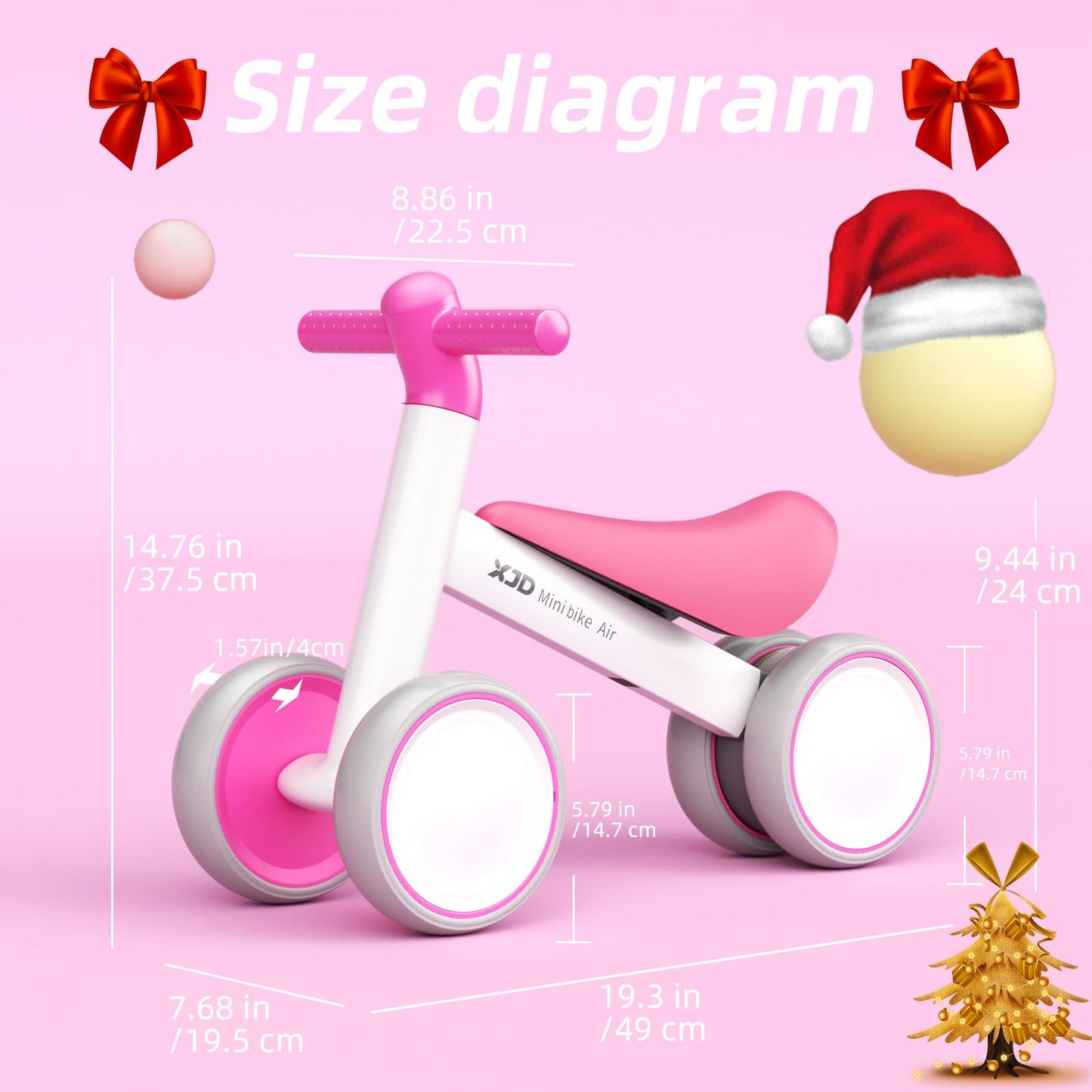 XJD pink and white baby balance bike for toddlers, designed for 10-24 months, featuring a no-pedal design.