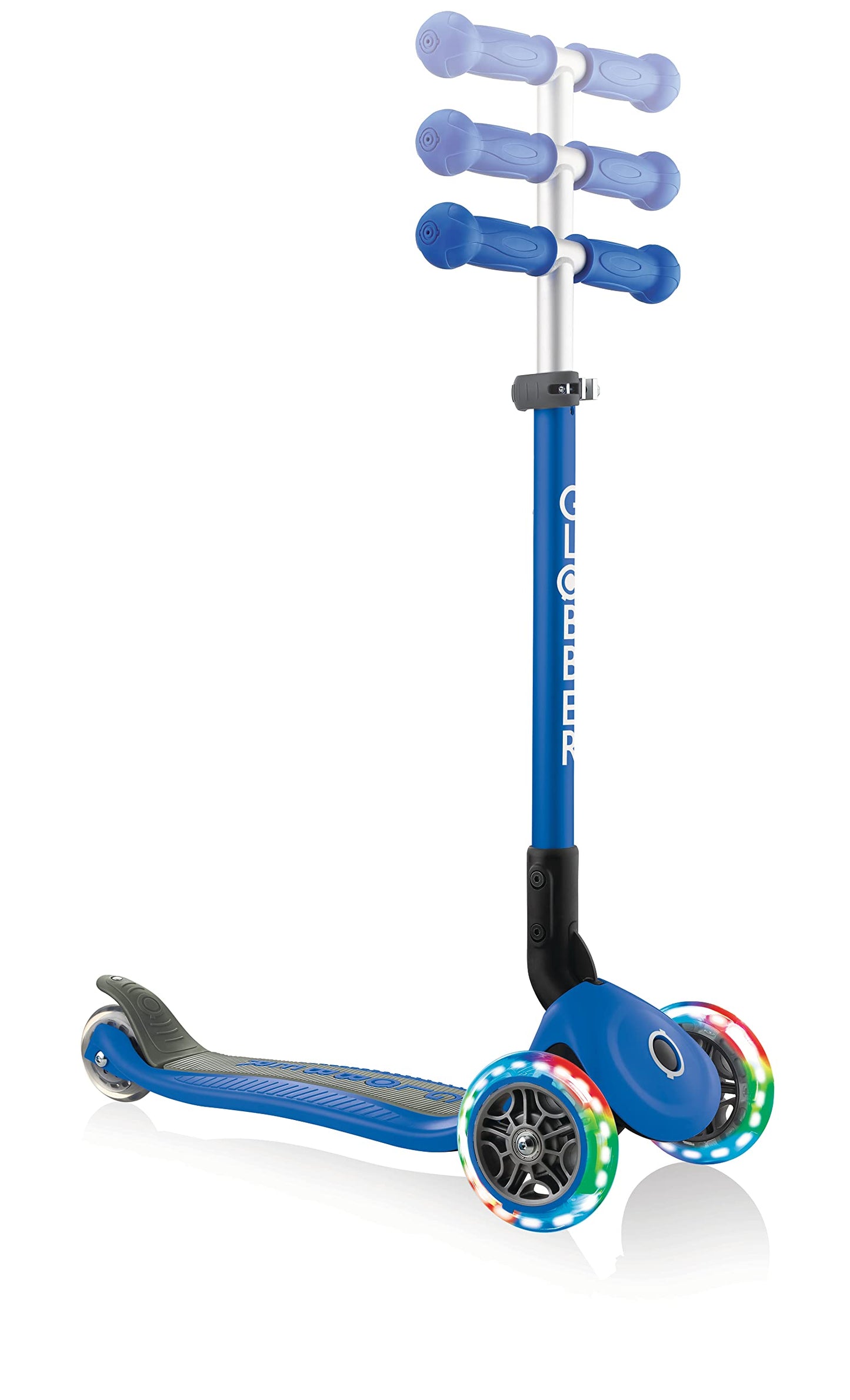 Globber Primo Foldable Lights Kids Scooter 120/80mm ABEC 5 3 Wheel Height Adjustable LED Wheels Dark Blue
