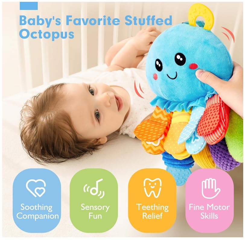 hahaland 8-in-1 Tummy Time Sensory Toy - 3+ Months Baby Rattle, Mirror & Teether Plush Toy - 0-12M Newborn Gift for Boys & Girls, Washable Soft Fabric, Octopus Montessori Toy