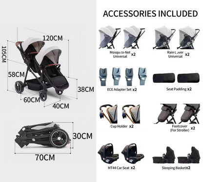 Rexhan Twin 4 in 1 Reversible Travel System, Foldable Double Baby Buggy, Twin Toddler Pram, Pushchair, Tandem All in One Stroller, Lightweight, Portable Baby Carriage, Newborn 0-4 Year, Aluminium