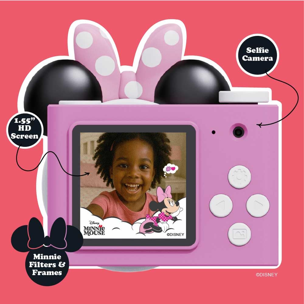 kiimento Mini Kids Digital Camera & Video Camcorder for Ages 3–5 with Selfie Lens, 32GB Memory Card, Handmade Strap – Model A (Minnie Mouse)