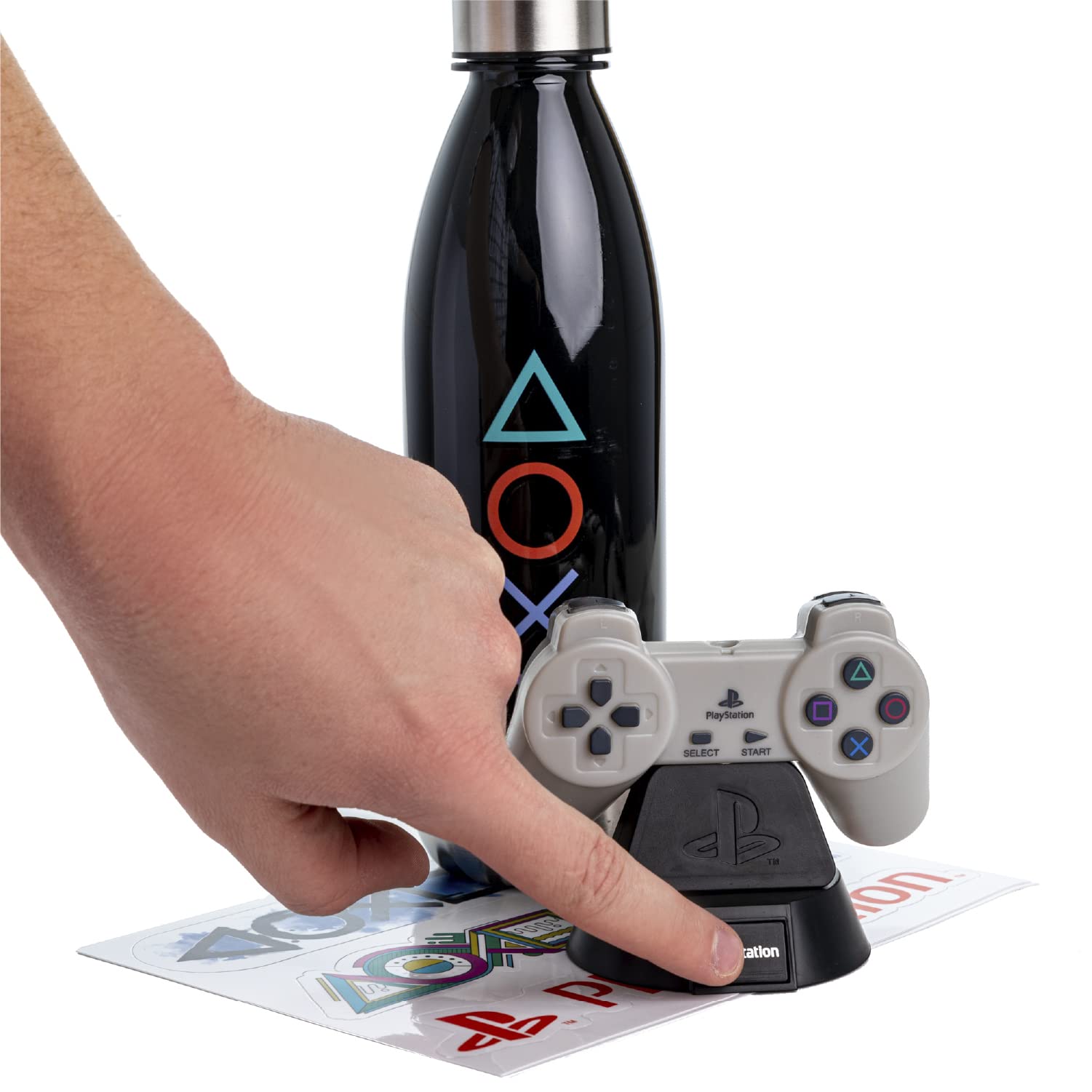 Paladone PlayStation gift set featuring Icons Light, gaming stickers, and a themed bottle, official PlayStation merchandise.