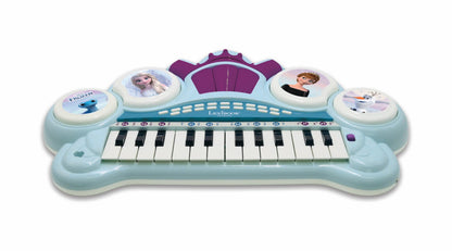 Lexibook Frozen electronic keyboard in blue and purple with seat, microphone, MP3 player, sound effects, and demo tunes.