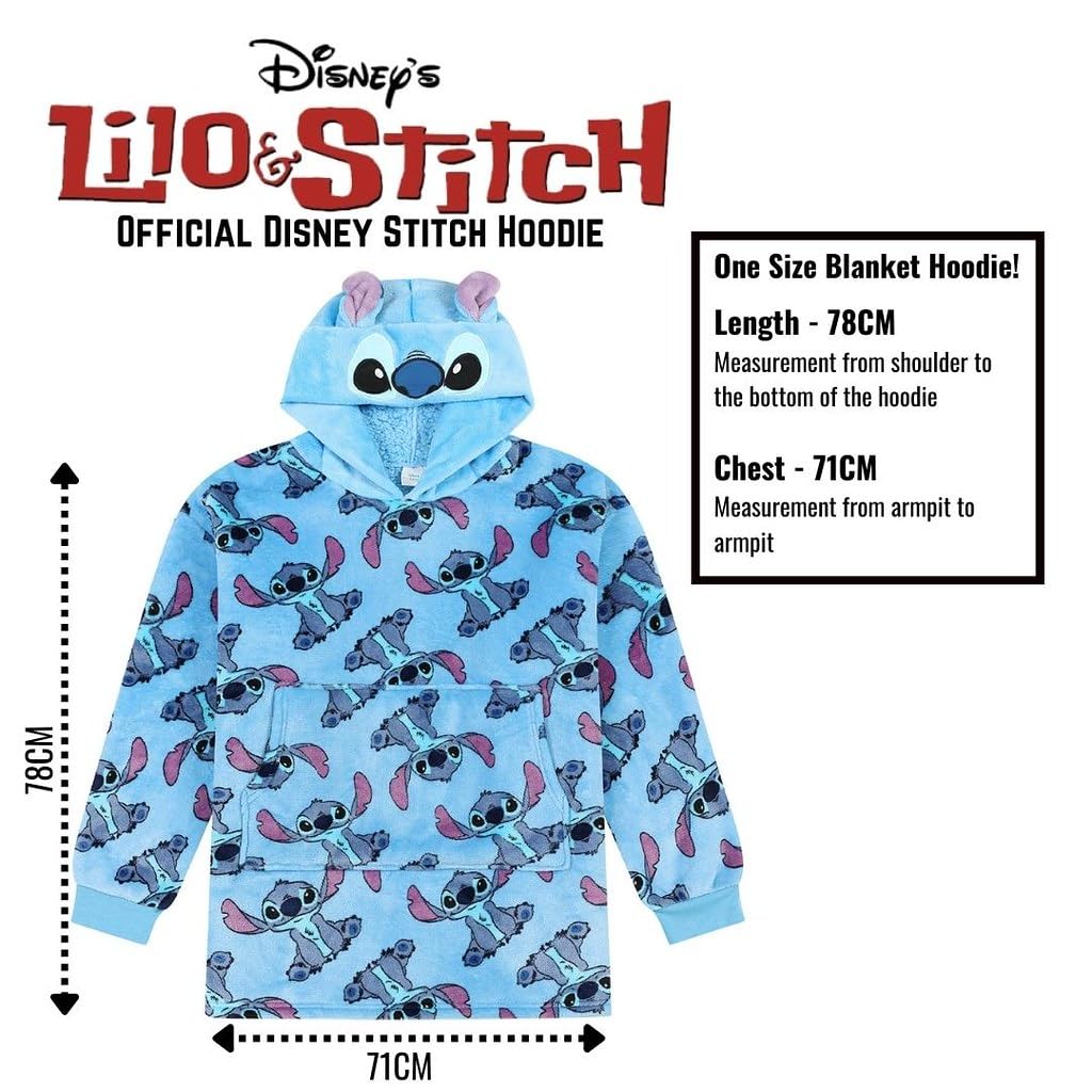 Disney Lilo and Stitch girls' blue oversized fleece hoodie blanket featuring character print and cozy, soft fabric.