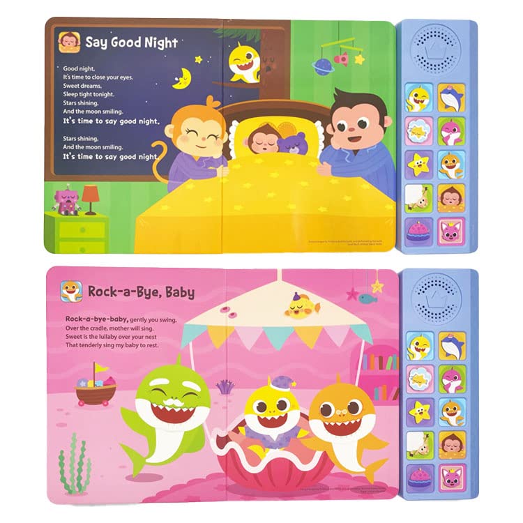 Pinkfong Baby Shark Bedtime Songs sound book with 10 buttons, featuring colorful illustrations and interactive lullabies for toddlers.
