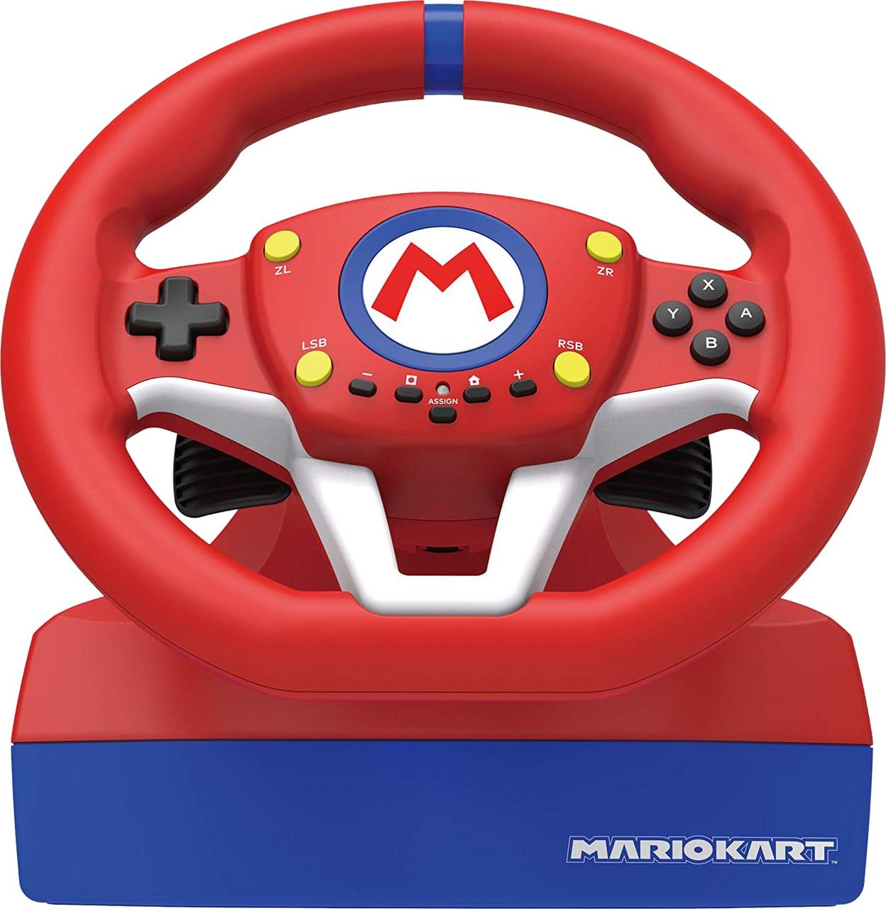 Hori Mario Kart Racing Wheel Pro Mini for Nintendo Switch, black gaming steering wheel with colorful Mario Kart branding.