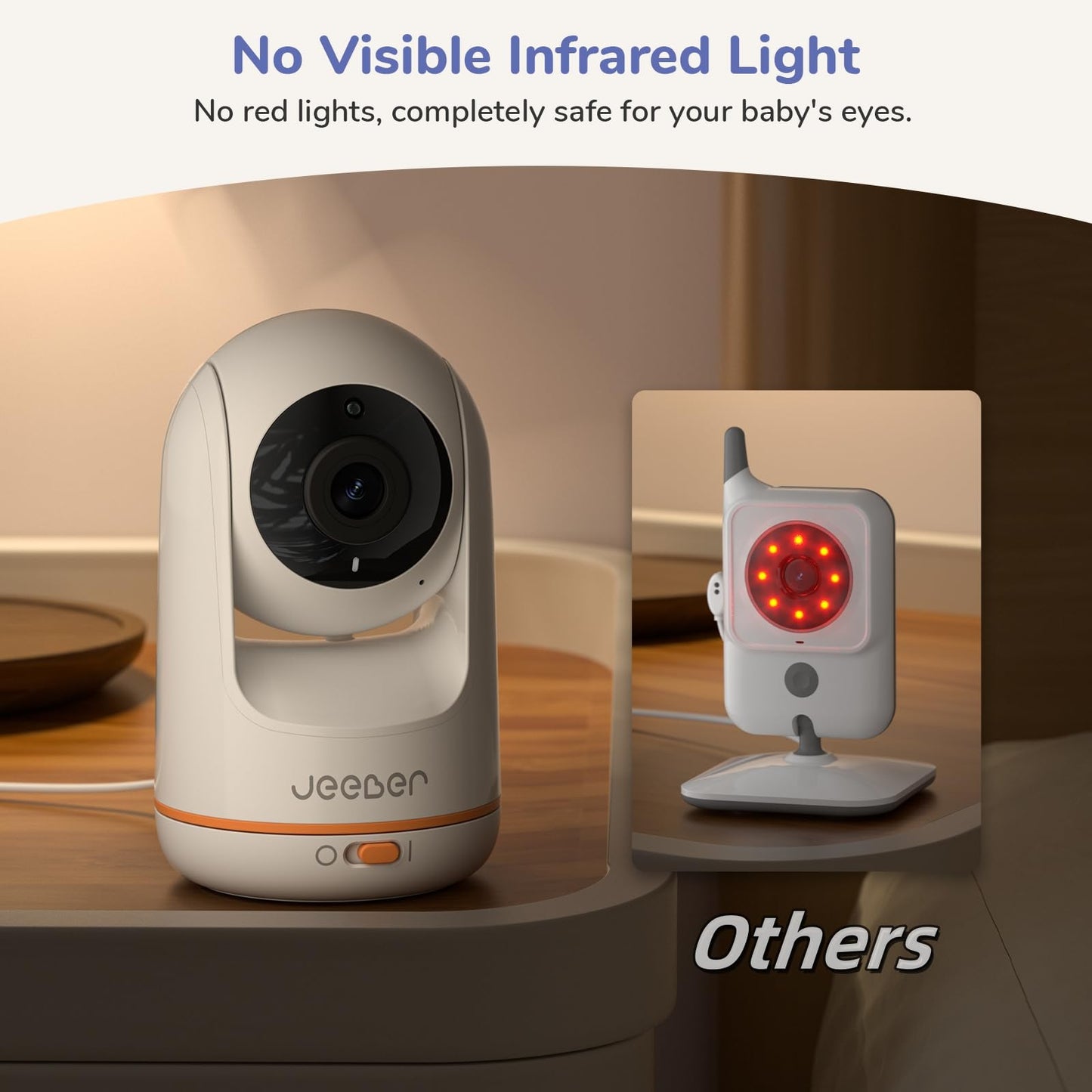 Jeeber 2K WiFi Smart Baby Monitor with camera, 5-inch screen, night vision, two-way talk, motion detection, and PTZ control.