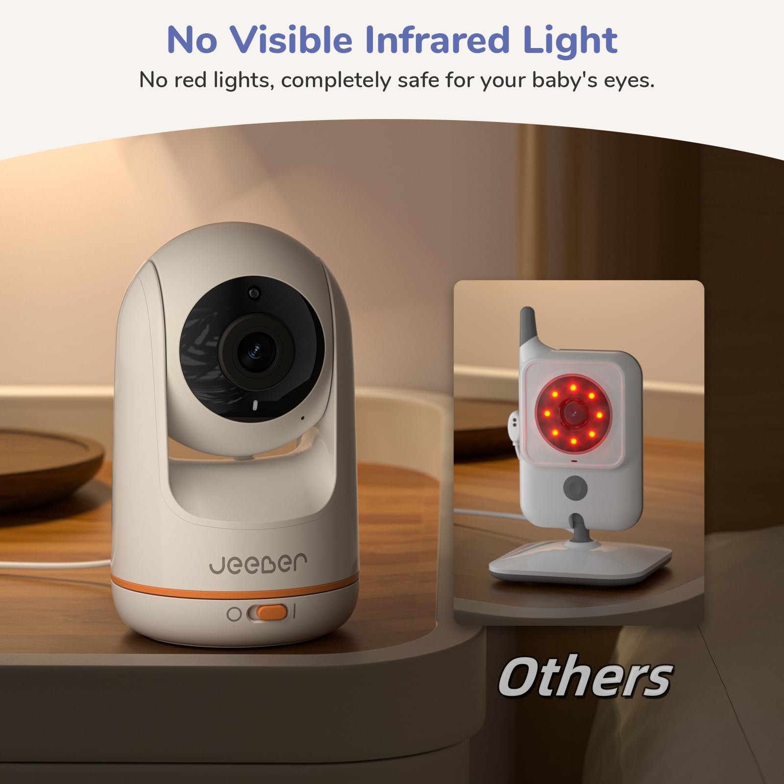 Jeeber 2K WiFi Smart Baby Monitor with camera, 5-inch screen, night vision, two-way talk, motion detection, and PTZ control.