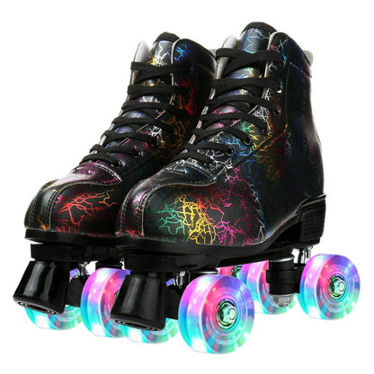 KALINU unisex black lightning pattern roller skates with double row four wheels, high-top design for men, women, boys, and girls.