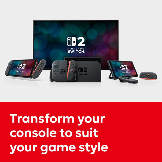 Nintendo Switch 2 console with Joy-Con controllers and screen, showcasing its sleek design and gaming interface.