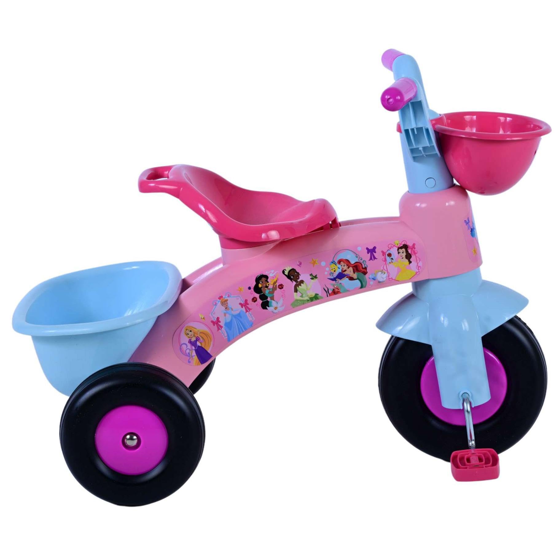 Pink Disney Princess kids tricycle for toddlers, with front and back baskets, suitable for ages 1-3 and 25kg load capacity.