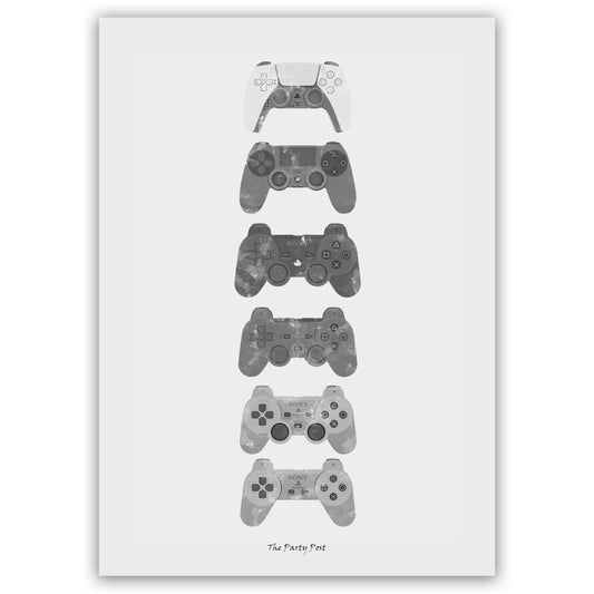A3 laminated poster of PS controller evolution art, perfect for gaming room wall decor, featuring history of PlayStation controllers.
