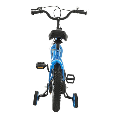 Blue 14-inch kids' sport bike by Eieblek with stabilizers, bell, fenders, adjustable seat, armrests, designed for boys and girls.