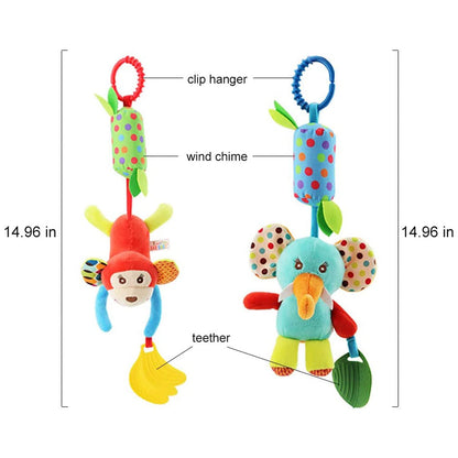 Set of four wohot baby pram toys including plush animals, rattles, wind chimes, and teethers for newborns and toddlers.