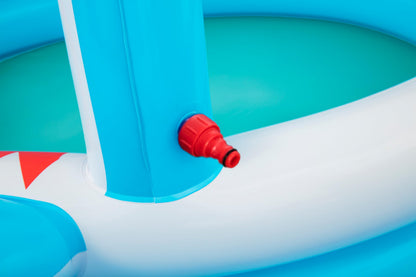 Bestway shark-themed inflatable sprinkler play pool for kids, measuring 1.63m x 1.27m x 92cm, with vibrant colors.