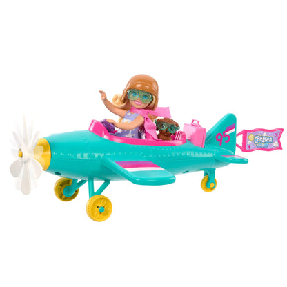 Barbie Chelsea Can Be doll with 2-seater airplane, spinning propeller, puppy, and accessories in the playset.