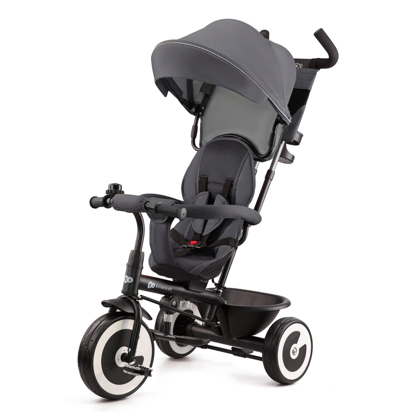 Gray Kinderkraft Aston Tricycle with parent handle, footrest, and accessories for kids aged 9 months to 5 years.