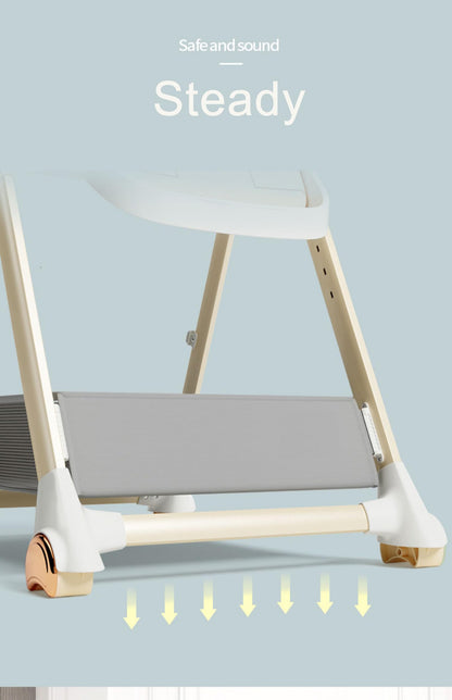 Magic ZC baby high chair with adjustable heights, reclining positions, foldable design, double trays, wheels, in white.