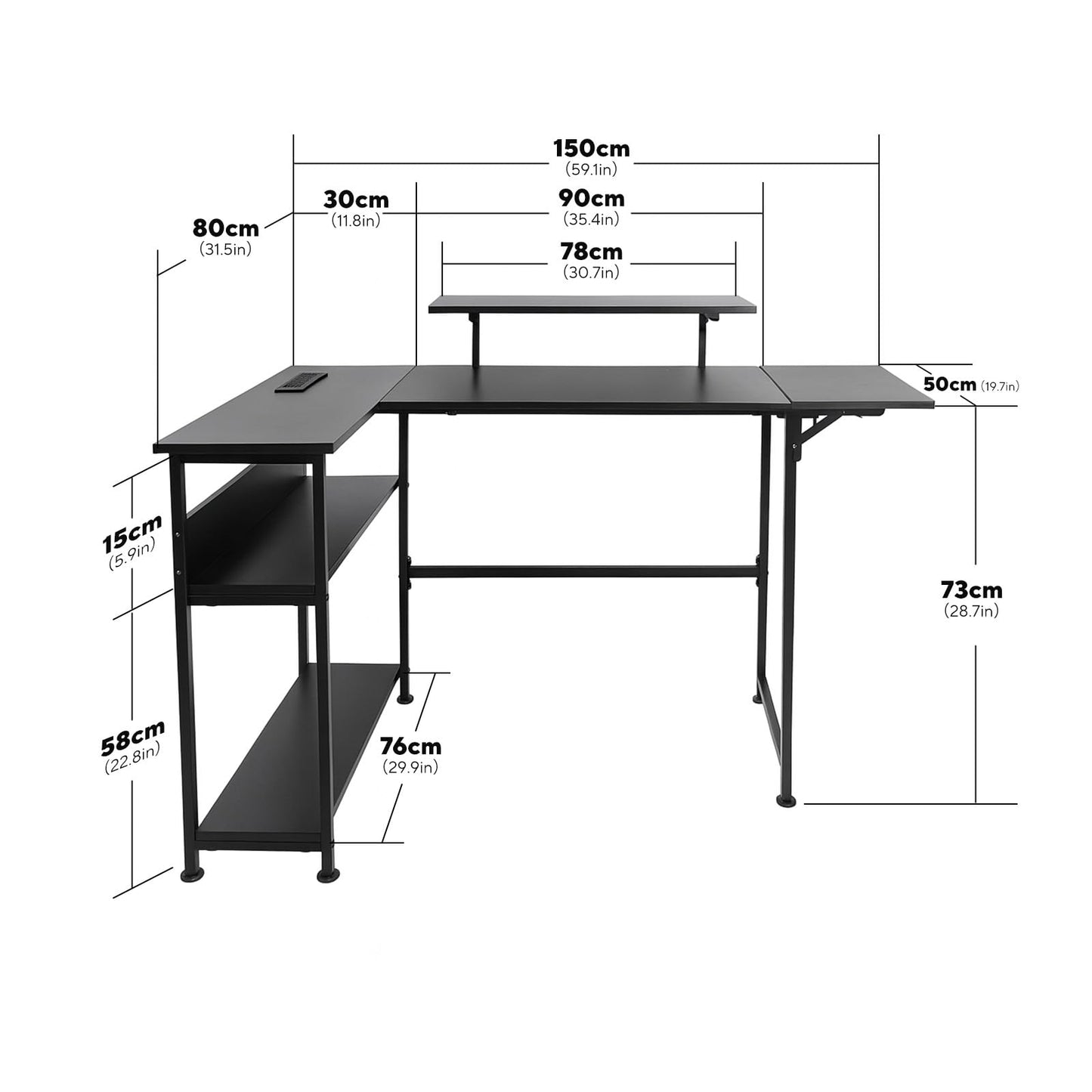 LEVSON L-Shaped Gaming Desk 150×80 cm, Carbon Fibre Computer Table with LED Lights, Power Outlets & USB Ports, Foldable & Extendable Design from 120cm to 150cm, Black Corner Desk for Home Office