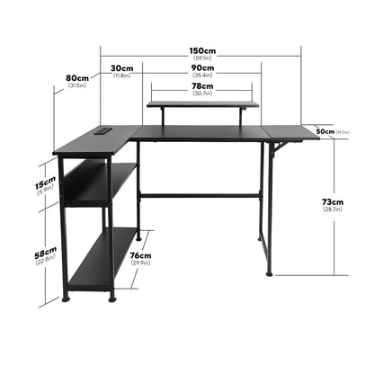 LEVSON L-Shaped Gaming Desk 150×80 cm, Carbon Fibre Computer Table with LED Lights, Power Outlets & USB Ports, Foldable & Extendable Design from 120cm to 150cm, Black Corner Desk for Home Office