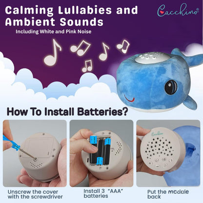 Cacchino plush whale sleep aid with cry sensor, 20 lullabies, and soothing sounds for babies, machine washable design.