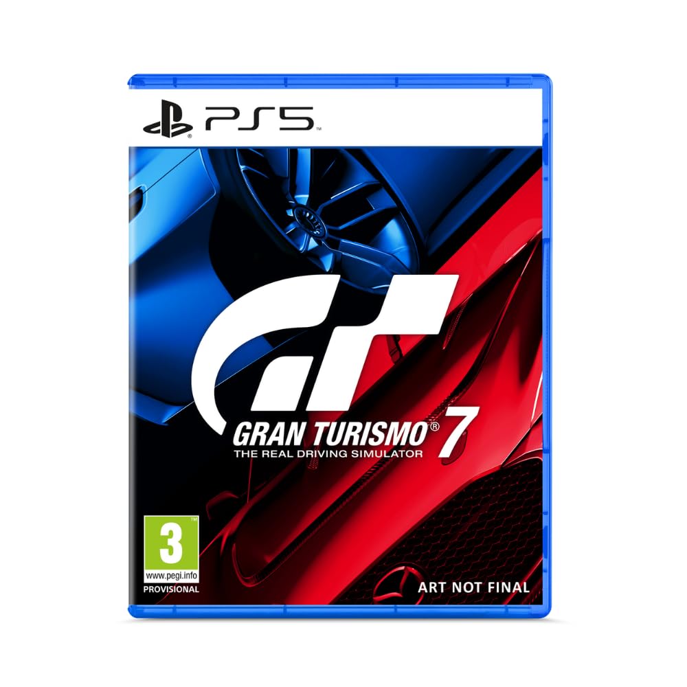 Sony Gran Turismo 7 PS5 video game case with cover art featuring a racing car and dynamic racing scene.