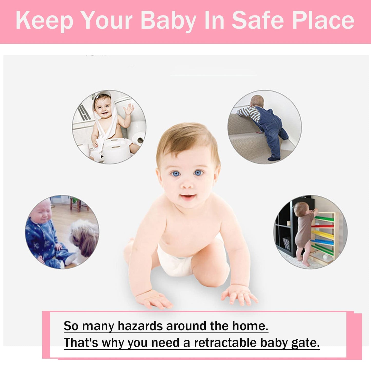 Retractable white mesh baby gate for stairs and hallways, suitable for dogs, portable, and safe for indoor and outdoor use.