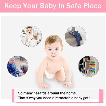 Retractable white mesh baby gate for stairs and hallways, suitable for dogs, portable, and safe for indoor and outdoor use.
