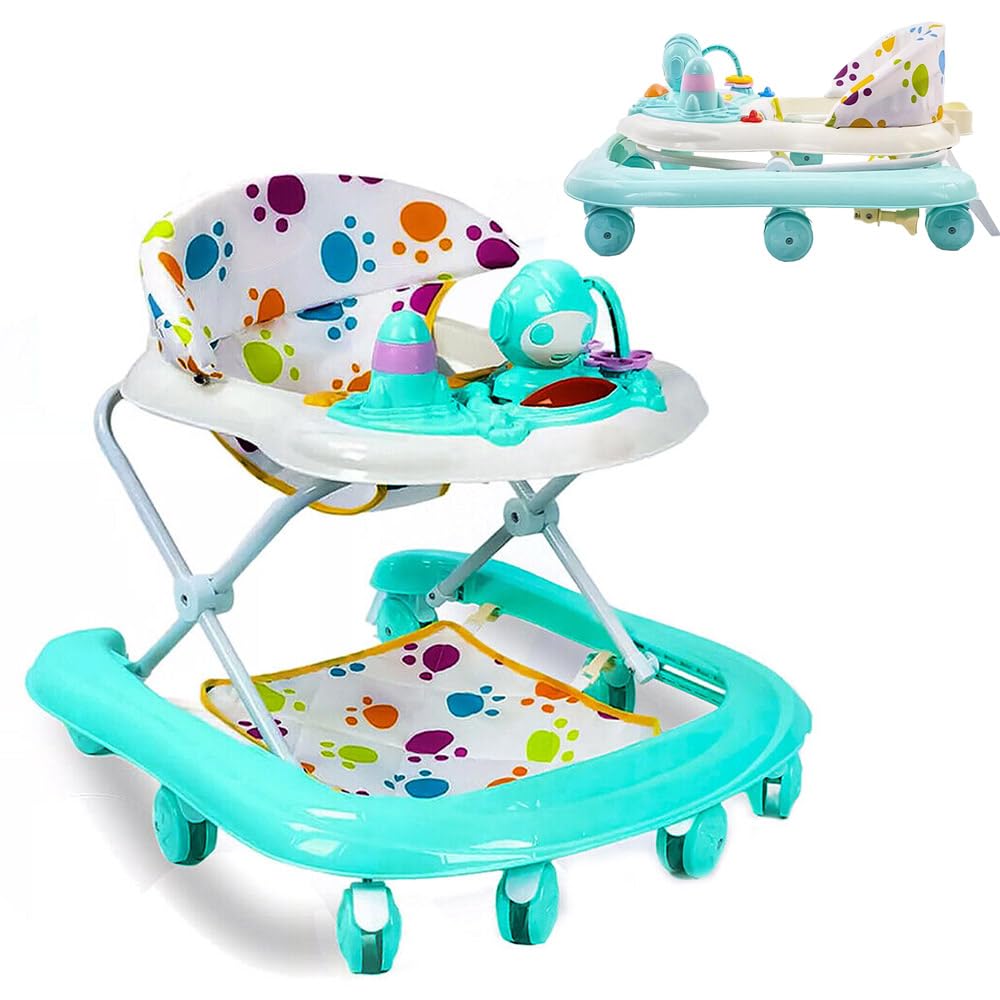 Ccarzzi baby walker for 6-18 months with foldable design, music, toys, food tray, adjustable heights, and removable seat cushion.