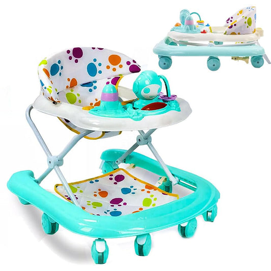 Ccarzzi baby walker for 6-18 months with foldable design, music, toys, food tray, adjustable heights, and removable seat cushion.
