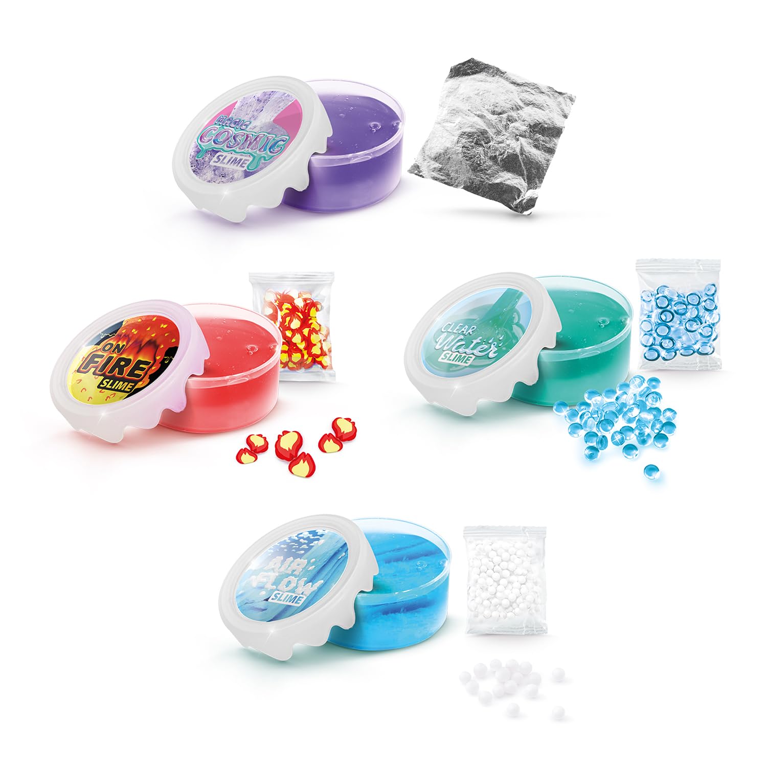 Canal Toys So Slime Xtra Sensations slime kit with four sensory slimes including cosmic, air flow, clear water, and on fire slime with decorations
