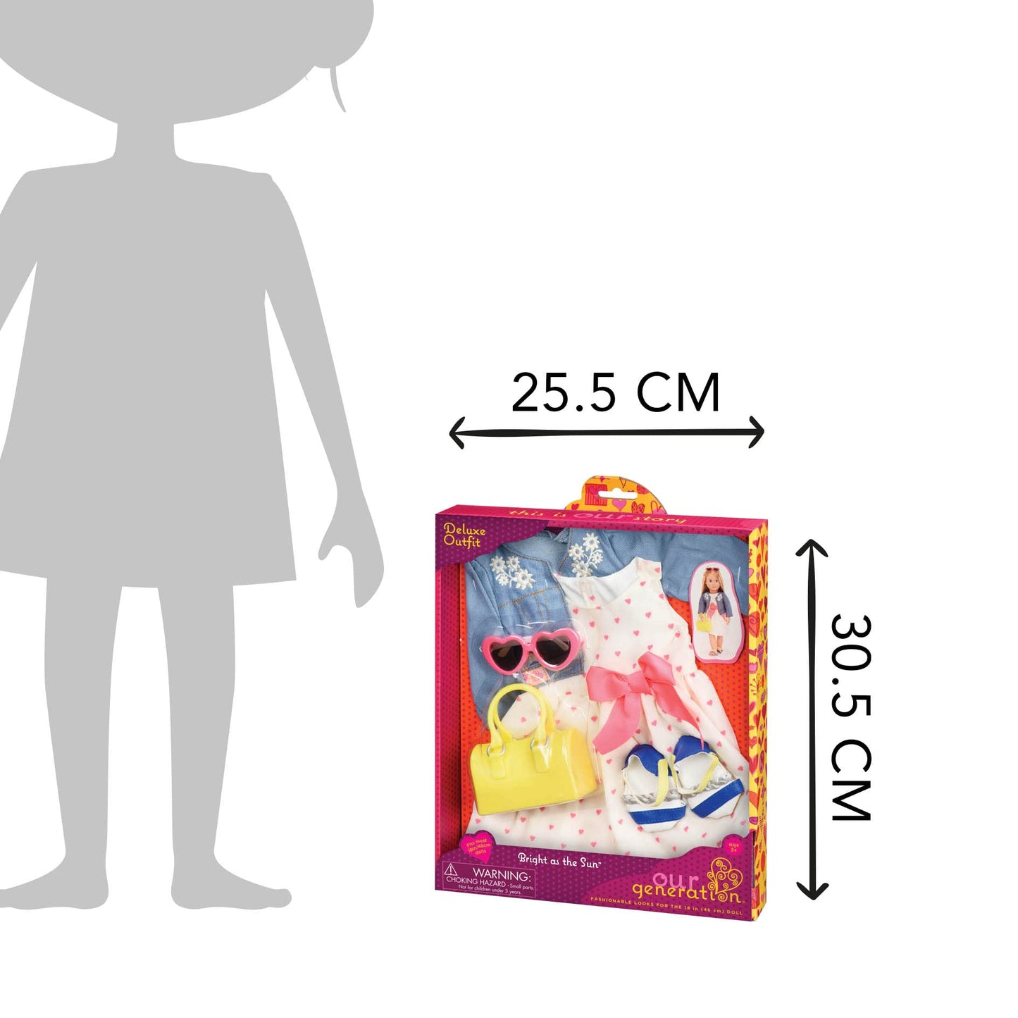 Our Generation 18-inch doll outfit featuring a bright jacket and dress combo with accessories, displayed on a doll.