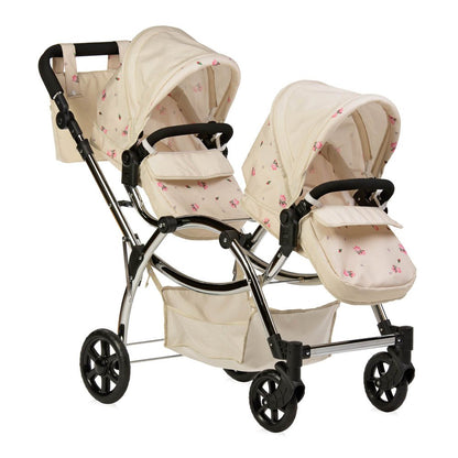Roma Darcie Twin Cream Dolls Pram - Adjustable Handle Dolls Pushchair for Reborn Dolls, Double Dolls Pram with 16 Combinations, Bag & Shopping Basket - Ideal for Ages 3-16