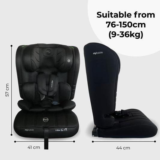 My Babiie MBCS50 Toddler to Booster R129 Child Car Seat - 5-Point Harness, 76-150cm (Approx. 9-36kg, 15 Months - 12 Years), i-Size, Group 1/2/3, Adjustable, Forward Facing - Black
