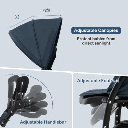 Foldable Twin Stroller, Double Baby Pushchair w/Multi-Level Backrest, Canopy, Handle & Footrest, Safety Belt & Brake System, Travel Tandem Seating Stroller w/Lockable Wheels (Dark Blue)