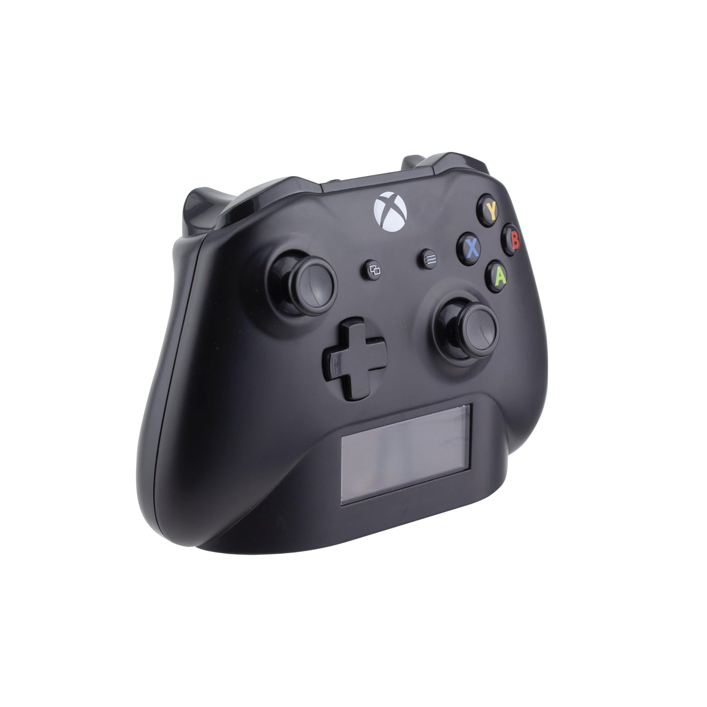Black Paladone Xbox controller alarm clock displaying digital time and date, perfect for gamer bedroom decor.