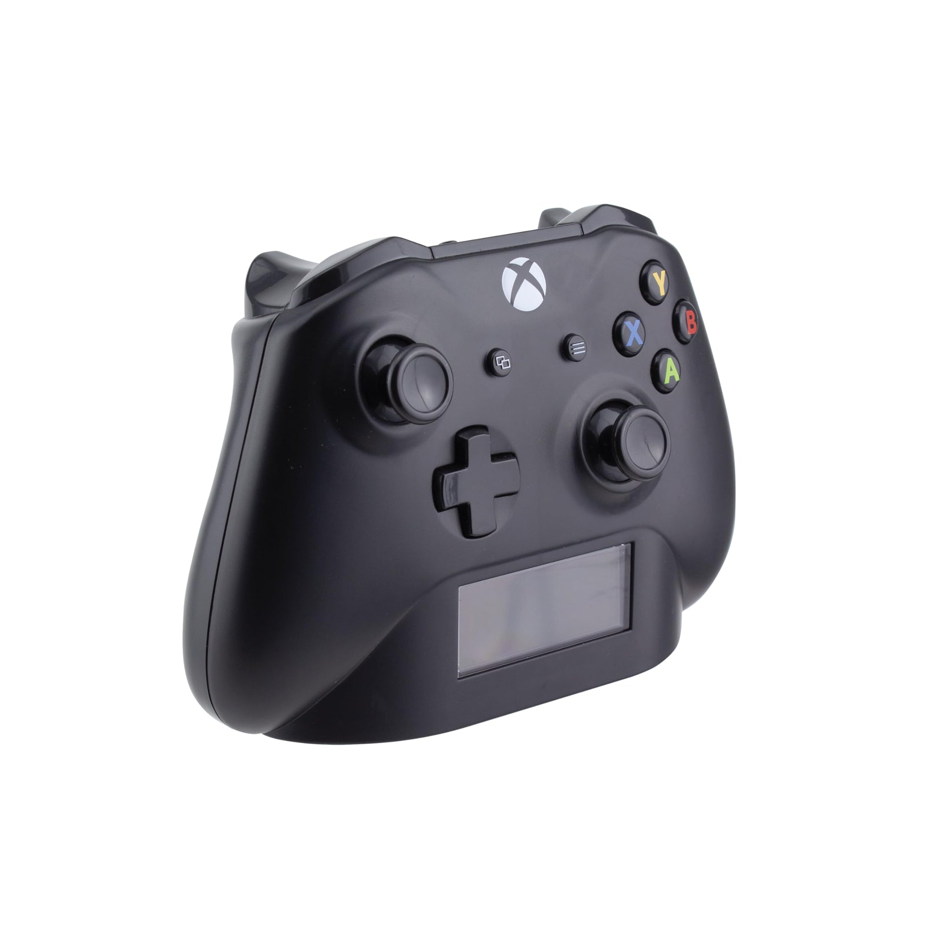 Black Paladone Xbox controller alarm clock displaying digital time and date, perfect for gamer bedroom decor.