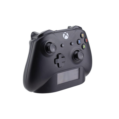 Black Paladone Xbox controller alarm clock displaying digital time and date, perfect for gamer bedroom decor.